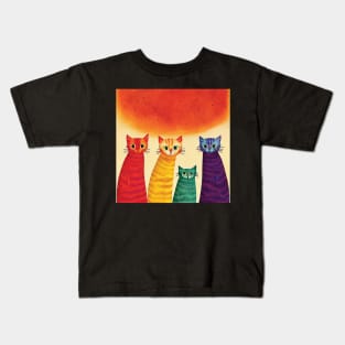 Four Quirky Multicoloured Cats Print. Purple, Red Yellow and Green Kids T-Shirt